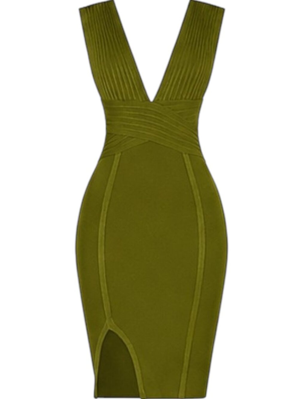 Olive Green Wide Shoulder Strap Open Back Bandage Bodycon Deep V Dress | M - Picture 4 of 9